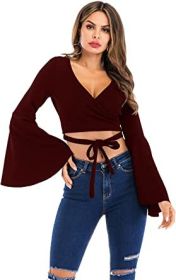 Women's Sexy Tie Up Crop Top Ladies Flared Sleeve Deep V Neck Casual Basic T Shirt (Color: RED-S)