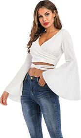 Women's Sexy Tie Up Crop Top Ladies Flared Sleeve Deep V Neck Casual Basic T Shirt (Color: WHITE-L)