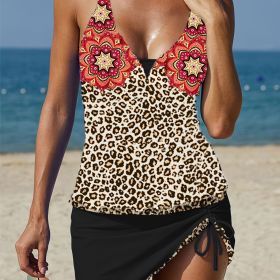 Leopard Floral Print Patchwork Tankini, Drawstring V Neck High Strech Color Block Swimsuit, 2 Piece Set, Women's Swimwear & Clothing (Color: Multicolor, size: L(8/10))