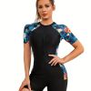 Short Sleeve Tropical Floral Print Zipper Swimsuit, Crew Neck Patchwork Medium Strech One Piece Bodysuit For Beach Sport Bathing Surfing, Women's Swim