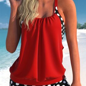 Plus Size Casual Swimsuit Set, Women's Plus Colorblock Dot Print Cut Out Round Neck Cami Top & Shorts Bathing Suit Two Piece Set (Color: Red, size: 4XL(20))