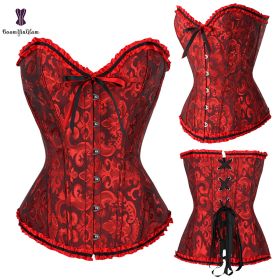 Sexy Women Steampunk Clothing Gothic Plus Size Corsets Lace Up Boned Overbust Bustier Waist Cincher Body Shaper Corselet S-6XL (Color: 810 dark red, size: M)