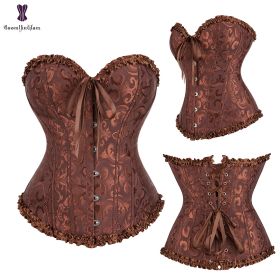 Sexy Women Steampunk Clothing Gothic Plus Size Corsets Lace Up Boned Overbust Bustier Waist Cincher Body Shaper Corselet S-6XL (Color: 810 coffee, size: L)