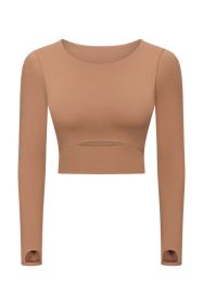 Cut Out Front Crop Yoga Tee (Color: Brown, size: 10)