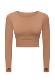 Cut Out Front Crop Yoga Tee (Color: Brown, size: 6)