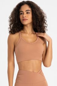 Crisscross Back V-Neck Sports Bra (Color: Camel, size: 8)