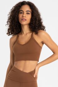 Crisscross Back V-Neck Sports Bra (Color: Chestnut, size: 10)