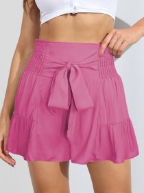 Smocked Tie-Front High-Rise Shorts (Color: Fuchsia Pink, size: XL)