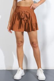 Smocked Tie-Front High-Rise Shorts (Color: Brick Red, size: L)