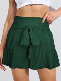 Smocked Tie-Front High-Rise Shorts (Color: Forest, size: L)