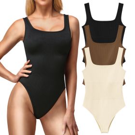 Ribbed Seamless Bodysuit for Women, Sleeveless Shapewear Tank Top for Tummy Control, Sexy Body Sculpting Suits 3 Pack (Color: Black+Coffee+Beige, size: S)