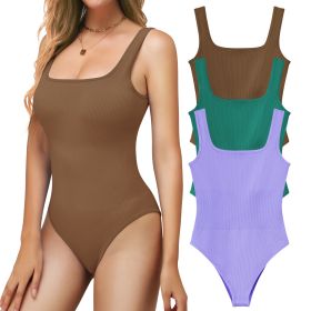 Ribbed Seamless Bodysuit for Women, Sleeveless Shapewear Tank Top for Tummy Control, Sexy Body Sculpting Suits 3 Pack (Color: Lightpurple+green+coffee, size: L)