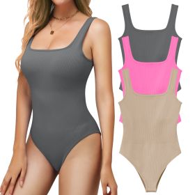 Ribbed Seamless Bodysuit for Women, Sleeveless Shapewear Tank Top for Tummy Control, Sexy Body Sculpting Suits 3 Pack (Color: DarkGrey+KhakiBeige+Pink, size: M)