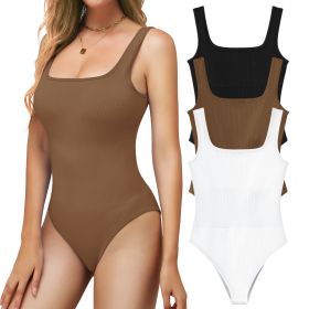 Ribbed Seamless Bodysuit for Women, Sleeveless Shapewear Tank Top for Tummy Control, Sexy Body Sculpting Suits 3 Pack (Color: Black+coffee+White, size: L)