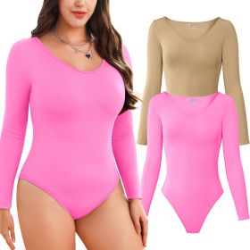 Women Long Sleeve Bodysuits 2 Pack, V Neck Sexy Tops with Ribbed Seamless Design (Color: Lightcoffee+Pink, size: S)