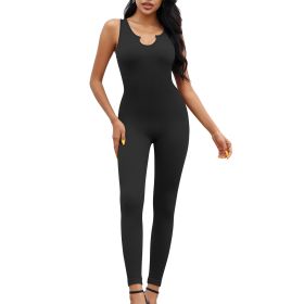 Women Yoga Rompers Workout Ribbed Sleeveless Sport Romper (Color: Black, size: L)