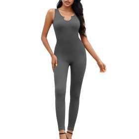 Women Yoga Rompers Workout Ribbed Sleeveless Sport Romper (Color: DarkGrey, size: S)