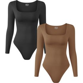 2 Pcs Long Sleeve Bodysuit Jumpsuit for Women, Seamless Ribbed Square Neck Shapewear for Women (Color: Black+coffee, size: L)