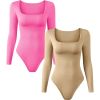 2 Pcs Long Sleeve Bodysuit Jumpsuit for Women, Seamless Ribbed Square Neck Shapewear for Women