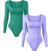 2 Pcs Long Sleeve Bodysuit Jumpsuit for Women, Seamless Ribbed Square Neck Shapewear for Women