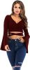 Women's Sexy Tie Up Crop Top Ladies Flared Sleeve Deep V Neck Casual Basic T Shirt