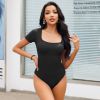 2 Piece Short Sleeve Bodysuits for Women Sexy Ribbed Square Neck Top